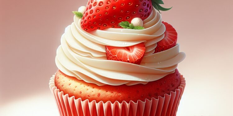 Cupcake de morango recheado com creme de baunilha