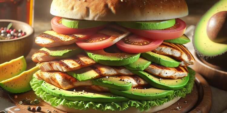 Sanduíche de frango grelhado com abacate e tomate