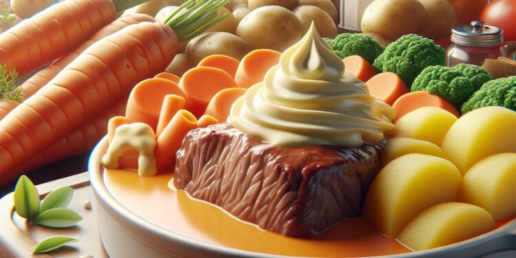 Carne de panela cremosa com cenoura, batata e molho especial