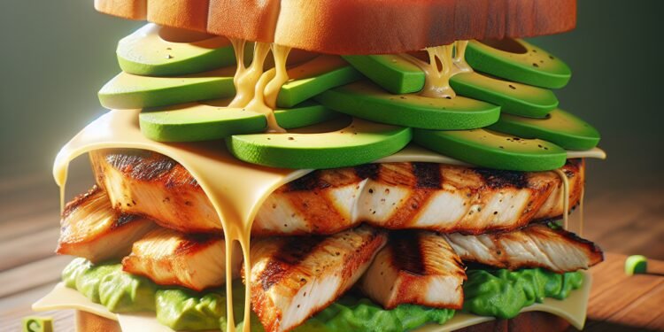 Sanduíche de frango grelhado com abacate e queijo