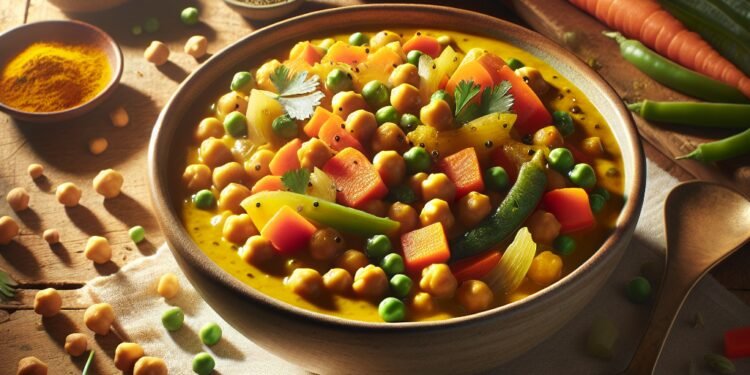 Receita completa vegana de curry de grão de bico com legumes