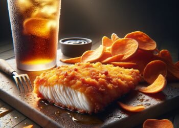 Saboroso filé de peixe empanado com chips de batata doce