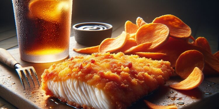 Saboroso filé de peixe empanado com chips de batata doce