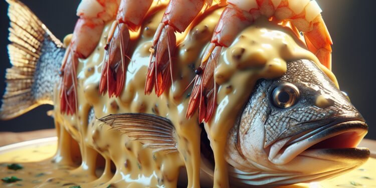 Tilápia recheada com camarões ao molho de queijo