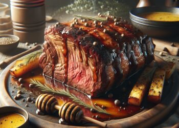 Costela bovina assada lentamente com molho de mel e mostarda