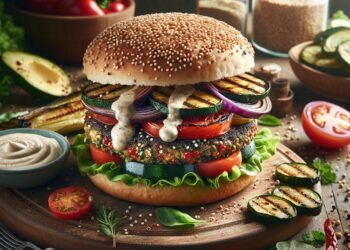 Hamburguer de quinoa com legumes grelhados e molho de tahine: saudável e saboroso