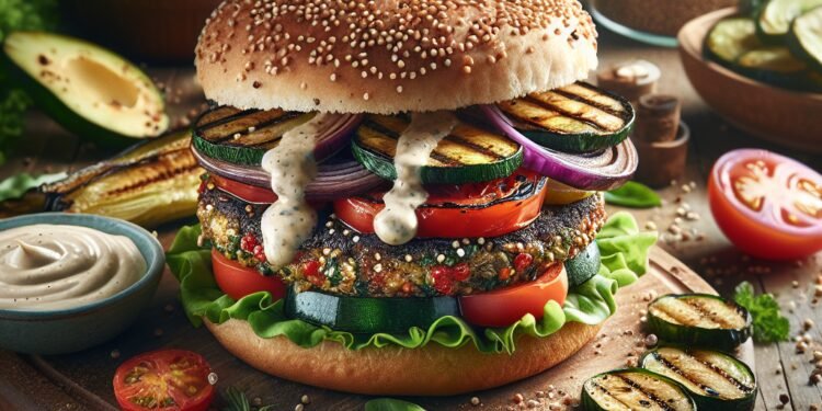 Hamburguer de quinoa com legumes grelhados e molho de tahine: saudável e saboroso