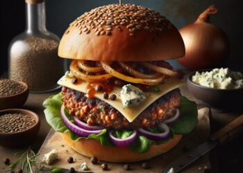 Hamburguer de lentilha com cebola caramelizada e queijo gorgonzola: uma opção vegetariana cheia de sabor