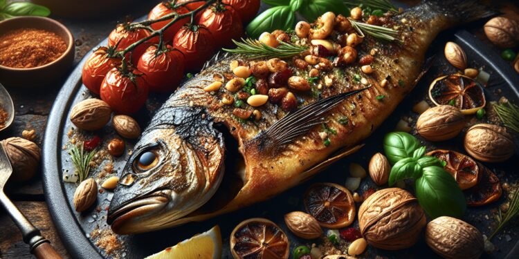 Delicioso peixe assado com crosta de castanhas