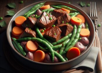 Carne de panela com batata doce, cenoura e vagem