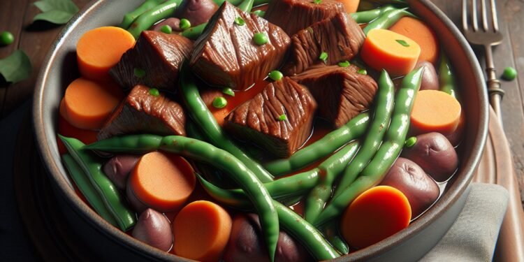 Carne de panela com batata doce, cenoura e vagem