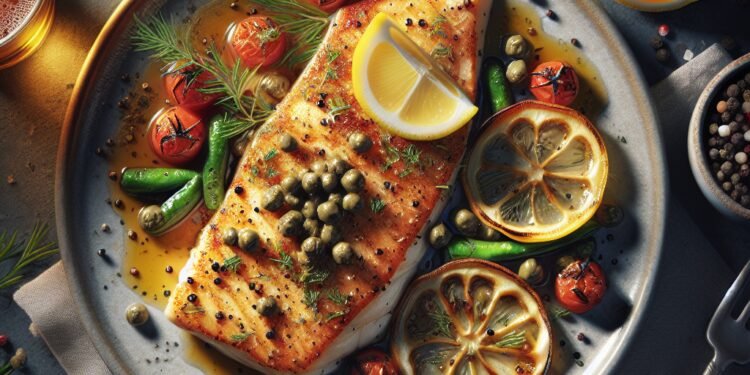 Filé de peixe grelhado com molho de limão e alcaparras
