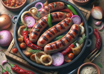 Churrasco de linguiça toscana com cebola marinada e pimentões
